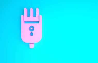 Mavi arka planda pembe elektrikli saç kırpma makinesi ya da traş ikonu var. Berber dükkanı sembolü. Minimalizm kavramı. 3d illüstrasyon 3B canlandırma