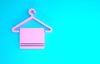 Mavi arka planda izole edilmiş bir askı simgesinde pembe havlu. Banyo havlusu ikonu. Minimalizm kavramı. 3d illüstrasyon 3B canlandırma