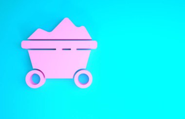 Pembe Kömür madeni tramvay ikonu mavi arka planda izole edilmiş. Fabrika kömür madeni vagonu. Minimalizm kavramı. 3d illüstrasyon 3B canlandırma