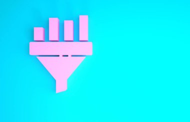 Pembe Satış hunisi mavi arka planda izole edilmiş pazarlama ve başlangıç iş simgesi grafiği ile. Bilgi şablonu. Minimalizm kavramı. 3d illüstrasyon 3B canlandırma