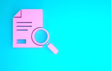 Mavi arkaplanda izole edilmiş arama simgesine sahip pembe belge. Dosya ve büyüteç simgesi. Analitik araştırma işareti. Minimalizm kavramı. 3d illüstrasyon 3d canlandırma