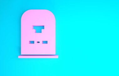 Üzerinde RIP yazılı pembe Tombstone resmi mavi arkaplanda izole edilmiş. Mezar ikonu. Minimalizm kavramı. 3d illüstrasyon 3B canlandırma