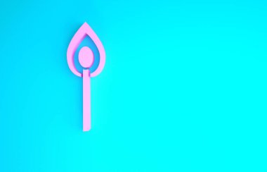 Mavi arka planda izole edilmiş ateş ikonu ile pembe yakma kibriti. Ateşle maç. Kibrit işareti. Minimalizm kavramı. 3d illüstrasyon 3B canlandırma