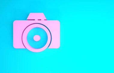 Mavi arkaplanda pembe fotoğraf makinesi simgesi izole edildi. Fotoğraf makinesi simgesi. Minimalizm kavramı. 3d illüstrasyon 3B canlandırma