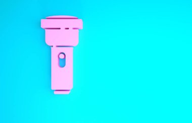 Mavi arkaplanda pembe el feneri simgesi izole edildi. Minimalizm kavramı. 3d illüstrasyon 3B canlandırma