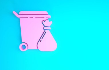 Mavi arka planda pembe çöp kutusu ve çöp torbası simgesi izole edildi. Çöp kutusu tabelası. Sepet simgesini geri dönüştür. Ofis çöpü ikonu. Minimalizm kavramı. 3d illüstrasyon 3B canlandırma