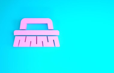 Temizlik simgesi için pembe fırça mavi arkaplanda izole edildi. Temizlik hizmeti konsepti. Minimalizm kavramı. 3d illüstrasyon 3B canlandırma