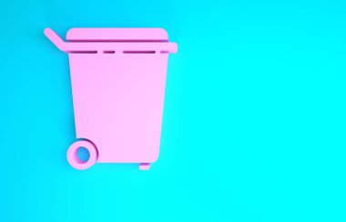 Mavi arkaplanda pembe çöp kutusu simgesi izole edildi. Çöp kutusu tabelası. Sepet simgesini geri dönüştür. Ofis çöpü ikonu. Minimalizm kavramı. 3d illüstrasyon 3B canlandırma