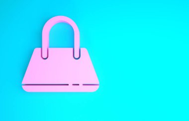 Mavi arkaplanda pembe el çantası simgesi izole edildi. Kadın el çantası işareti. Glamour günlük bagaj sembolü. Minimalizm kavramı. 3d illüstrasyon 3d canlandırma
