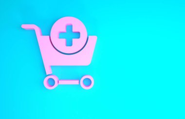 Alışveriş arabası simgesine pembe ekleme mavi arka planda izole edildi. İnternetten satın alma konsepti. Servis tabelası. Süpermarket sepeti sembolü. Minimalizm kavramı. 3d illüstrasyon 3d canlandırma