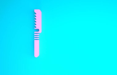 Pembe testere ikonu mavi arkaplanda izole edilmiş. Kemik kesmek, uzuv kesmek ve kemik nakli için cerrahi testere tasarlandı. Minimalizm kavramı. 3d illüstrasyon 3B canlandırma