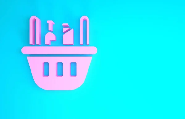 Rosa Warenkorb und Lebensmittel-Symbol isoliert auf blauem Hintergrund. Lebensmittelgeschäft, Supermarkt. Minimalismus-Konzept. 3D Illustration 3D Renderer — Stockfoto
