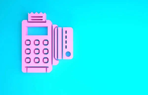 Terminal POS rosa com cartão de crédito inserido e ícone reciept impresso isolado no fundo azul. Conceito de pagamento NFC. Conceito de minimalismo. 3D ilustração 3D render — Fotografia de Stock