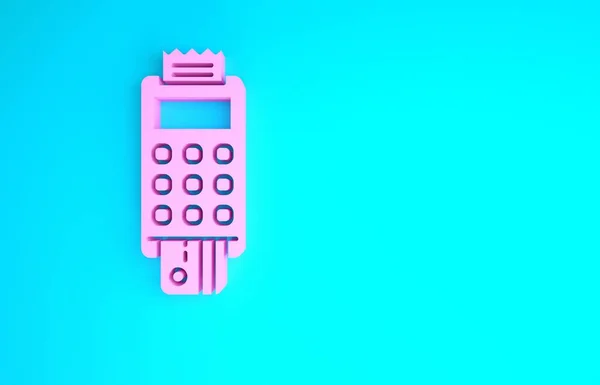Terminal POS rosa com cartão de crédito inserido e ícone reciept impresso isolado no fundo azul. Conceito de pagamento NFC. Conceito de minimalismo. 3D ilustração 3D render — Fotografia de Stock