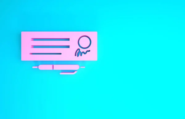 銀行小切手のピンクの空のテンプレートと青の背景に隔離されたペンアイコン。空のフィールドでチェックブックチェックページを入力します。最小限の概念。3Dイラスト3Dレンダリング — ストック写真