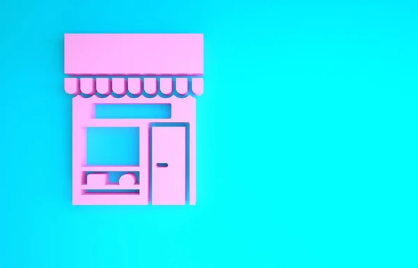 Pink Shopping edificio o icono de la tienda de mercado aislado sobre fondo azul. Construcción de tiendas. Concepto minimalista. 3D ilustración 3D render —  Fotos de Stock