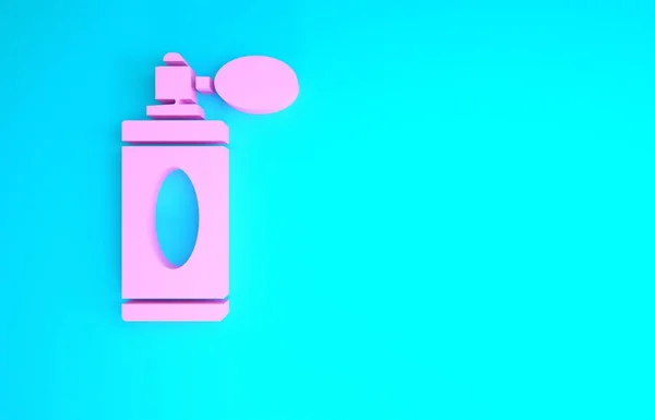 У розовых африканок бутылка с атрибутикой на синем фоне. Кёльнский спрей. Парфюмерная бутылка. Концепция минимализма. 3D-рендеринг — стоковое фото