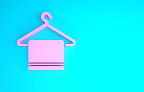 Handuk merah muda pada ikon gantungan diisolasi dengan latar belakang biru. Ikon handuk kamar mandi. Konsep minimalisme. Tampilan 3D ilustrasi 3d — Stok Foto