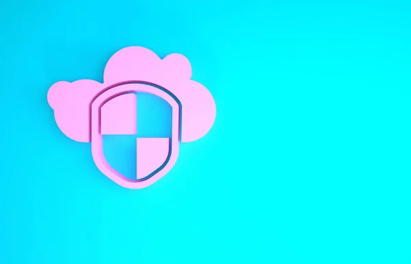 Pink Cloud en schild pictogram geïsoleerd op blauwe achtergrond. Gegevensbescherming voor cloudopslag. Beveiliging, veiligheid, bescherming, privacy concept. Minimalisme concept. 3d illustratie 3D renderen — Stockfoto
