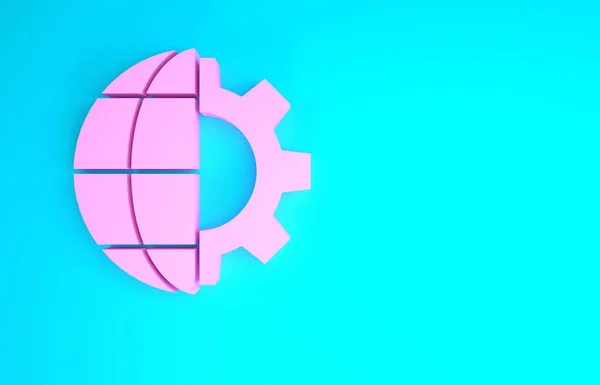 Pink Globe van de Aarde en tandwiel- of tandwielpictogram geïsoleerd op blauwe achtergrond. Parameters instellen. Globale opties. Minimalisme concept. 3d illustratie 3D renderen — Stockfoto