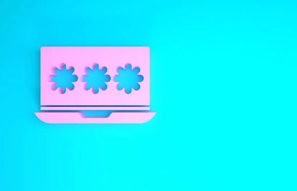 Laptop rosa con el icono de notificación de contraseña aislado en fondo azul. Seguridad, acceso personal, autorización de usuario, formulario de acceso. Concepto minimalista. 3D ilustración 3D render —  Fotos de Stock