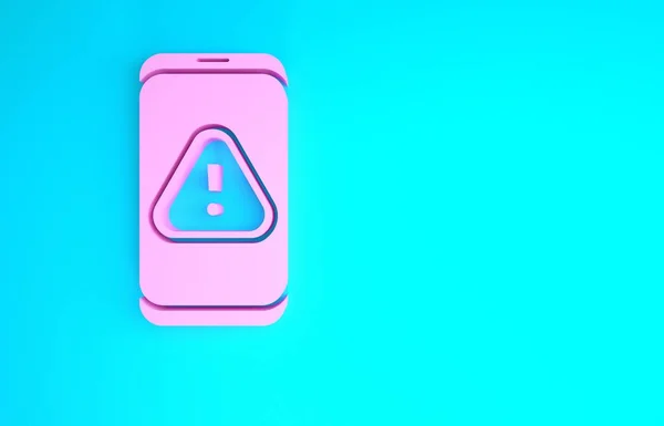 Różowy telefon komórkowy z ikoną wykrzyknika na niebieskim tle. Powiadomienie smartfona z powiadomieniem. Koncepcja minimalizmu. Ilustracja 3D 3D renderowania — Zdjęcie stockowe