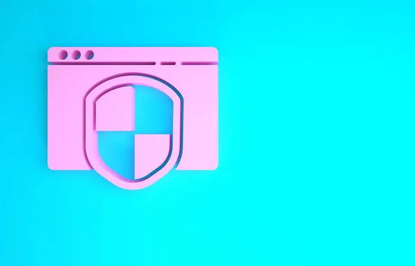 青の背景にシールドアイコンが分離されたピンクのブラウザ。セキュリティ、安全性、保護、プライバシーの概念。最小限の概念。3Dイラスト3Dレンダリング — ストック写真