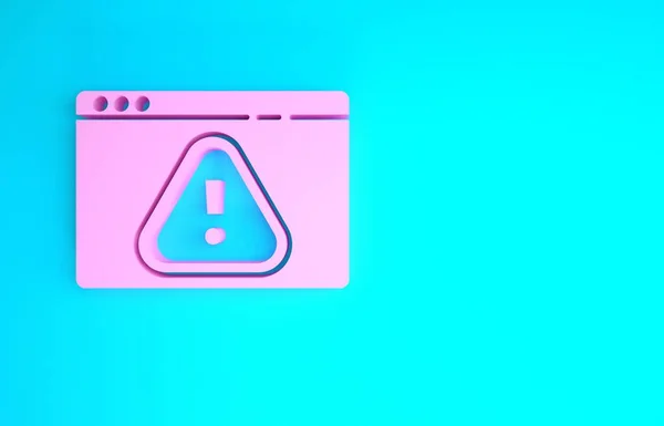 Rózsaszín böngésző felkiáltójel ikon elszigetelt kék alapon. Riasztási üzenet okostelefon értesítés. Minimalizmus koncepció. 3d illusztráció 3D render — Stock Fotó