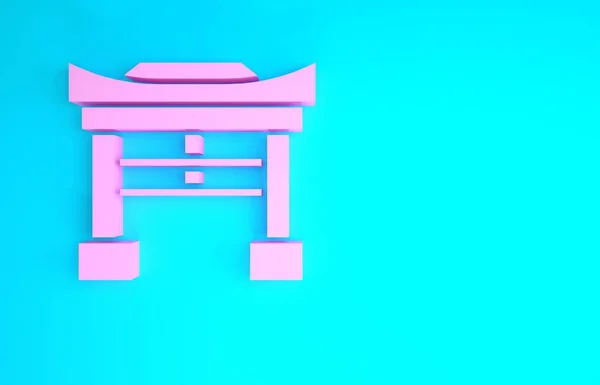 핑크 일본 게이트 아이콘은 파란색 배경에 분리되어 있다. 토리 게이트 표지판이야. 일본의 전통적 인 정문 상징. 미니멀리즘의 개념입니다. 3d 삽화 3D 렌더링 — 스톡 사진