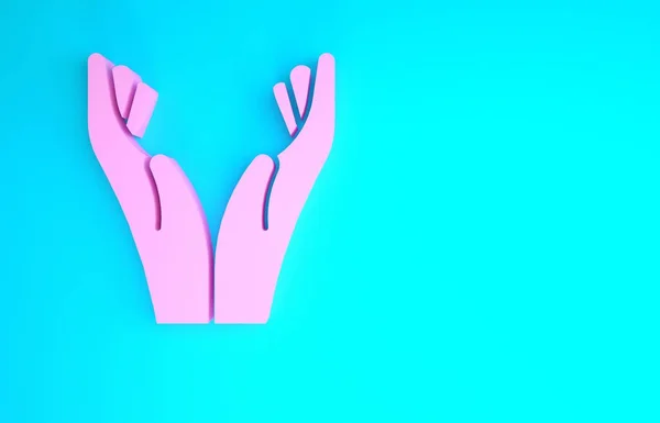 Różowe Ręce w pozycji modlitewnej ikona izolowana na niebieskim tle. Modlitwa do Boga z wiarą i nadzieją. Koncepcja minimalizmu. Ilustracja 3D 3D renderowania — Zdjęcie stockowe