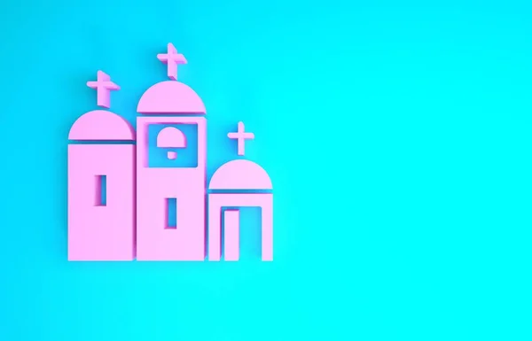 Ikone der rosa Kirche isoliert auf blauem Hintergrund. Christliche Kirche. Religion der Kirche. Minimalismus-Konzept. 3D Illustration 3D Renderer — Stockfoto