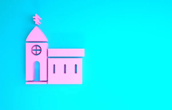 Pink Church building icon isolated on blue background. Christian Church. Religion of church. Minimalism concept. 3d illustration 3D render