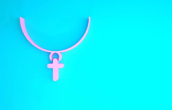 Pinkfarbenes christliches Kreuz auf Kettensymbol auf blauem Hintergrund. Kirchenkreuz. Minimalismus-Konzept. 3D Illustration 3D Renderer — Stockfoto