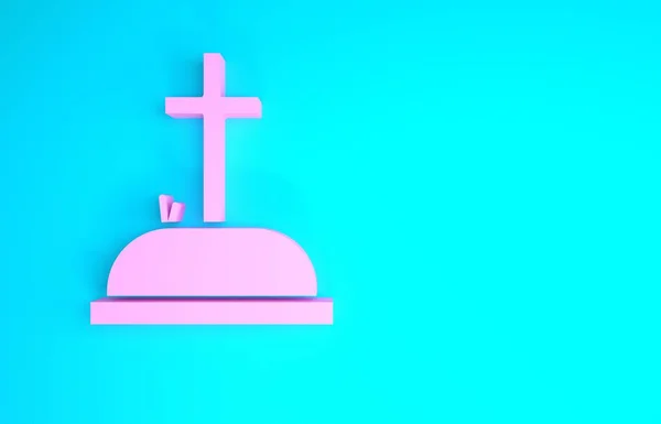 Pink Tombstone with cross icon isolated on blue background. Grave icon. Minimalism concept. 3d illustration 3D render — Stock Photo, Image