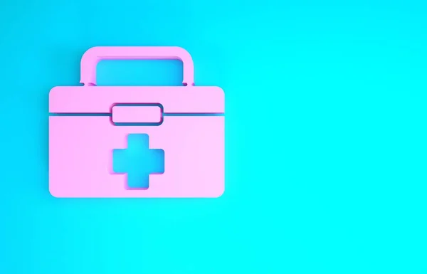 Pink First aid kit icon isolated on blue background. Medical box with cross. Medical equipment for emergency. Healthcare concept. Minimalism concept. 3d illustration 3D render