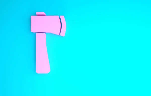 粉色木制斧头图标隔离在蓝色背景。伐木工斧头最低纲领的概念。3D渲染3D插图 — 图库照片