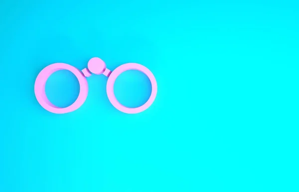 Icono de prismáticos rosados aislado sobre fondo azul. Buscar signo de software. Símbolo equipo espía. Concepto minimalista. 3D ilustración 3D render — Foto de Stock