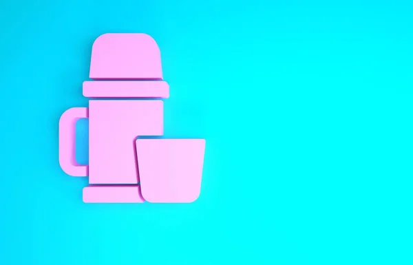 ピンクの魔法瓶とカップのアイコンが青の背景に隔離されています。熱フラスコアイコン。キャンプやハイキング機器。最小限の概念。3Dイラスト3Dレンダリング — ストック写真