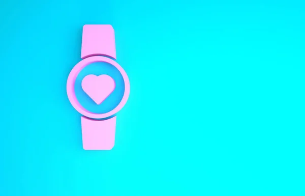 Ροζ Smart ρολόι δείχνει την καρδιά ρυθμό εικονίδιο που απομονώνονται σε μπλε φόντο. Fitness App έννοια. Μινιμαλιστική έννοια. 3d απεικόνιση 3D καθιστούν — Φωτογραφία Αρχείου