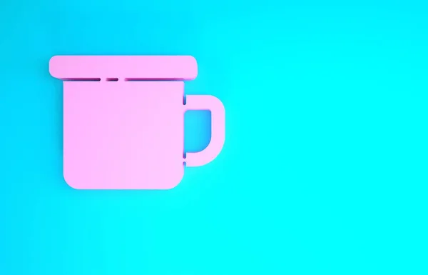 Розовый кемпинг металлическая кружка значок изолирован на синем фоне. Концепция минимализма. 3D-рендеринг — стоковое фото