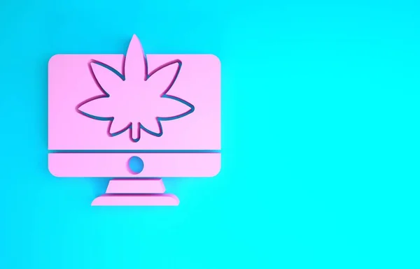 Moniteur d'ordinateur rose et icône de marijuana médicale ou de feuille de cannabis isolé sur fond bleu. Achat en ligne. Panier de supermarché. Concept de minimalisme. Illustration 3D rendu 3D — Photo