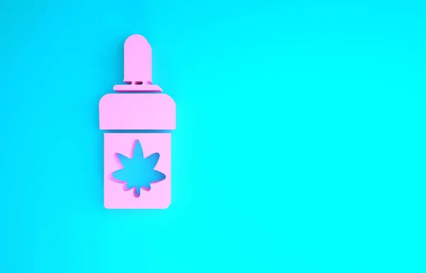 Pembe Tıbbi marihuana veya kenevir yaprağı zeytinyağı damlası ikonu mavi arka planda izole edilmiş. Esrar özütü. Kenevir sembolü. Minimalizm kavramı. 3d illüstrasyon 3d canlandırma — Stok fotoğraf
