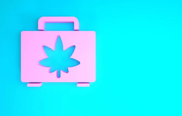 Rózsaszín bevásárló doboz orvosi marihuána vagy cannabis levél ikon elszigetelt kék alapon. Kannabiszt veszek. Kenderszimbólum. Minimalizmus koncepció. 3d illusztráció 3D render — Stock Fotó