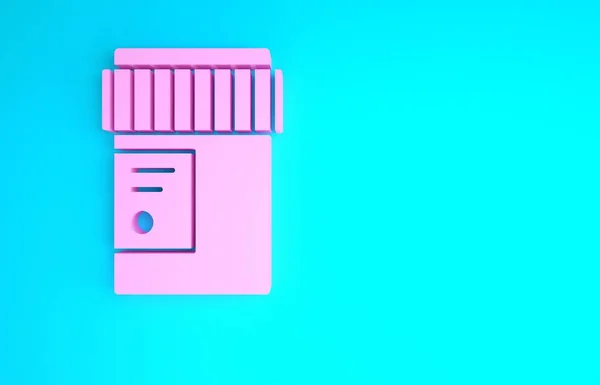 Roze medische fles met marihuana of cannabis blad pictogram geïsoleerd op blauwe achtergrond. Mock up van cannabis olie extracten in potten. Minimalisme concept. 3d illustratie 3d renderen — Stockfoto