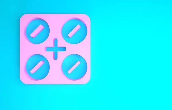 Pink Medical pastillas con marihuana o cannabis icono de la hoja aislado sobre fondo azul. Simulación de extractos de aceite de cannabis en frascos. Concepto minimalista. 3D ilustración 3D render —  Fotos de Stock