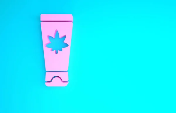 Рожевий медичний крем з іконою листя марихуани або канабісу ізольовані на синьому фоні. Збирати екстракти конопель в баночках. Концепція мінімалізму. 3D ілюстрація 3D рендеринга — стокове фото