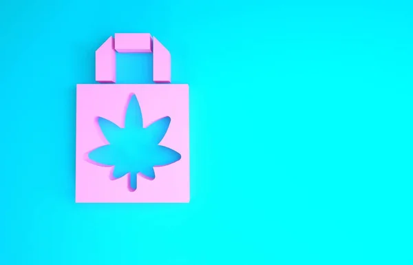粉色购物纸袋，内装医用大麻或大麻叶图标，蓝色背景分离。 买大麻。 大麻的符号。 最低纲领的概念。 3d说明3d — 图库照片