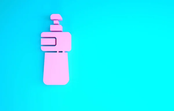 Icono de la botella de líquido lavavajillas rosa aislado sobre fondo azul. Detergente líquido para lavar platos. Concepto minimalista. 3D ilustración 3D render —  Fotos de Stock