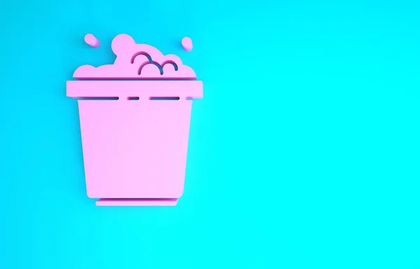 Różowe wiadro z ikoną mydła suds izolowane na niebieskim tle. Miska z wodą. Ubrania do prania, środki czystości. Koncepcja minimalizmu. Ilustracja 3D 3D renderowania — Zdjęcie stockowe