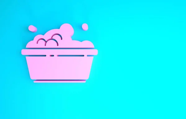 Розовый пластмассовый тазик с мыльными пузырями на голубом фоне. Чаша с водой. Стирка одежды, чистка оборудования. Концепция минимализма. 3D-рендеринг — стоковое фото